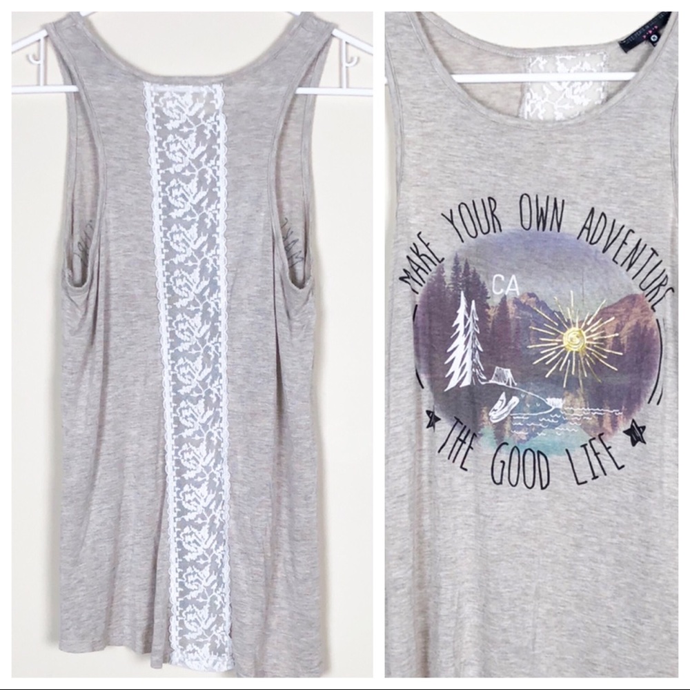 Adventure Graphic Gray Tank Top with Lace Back